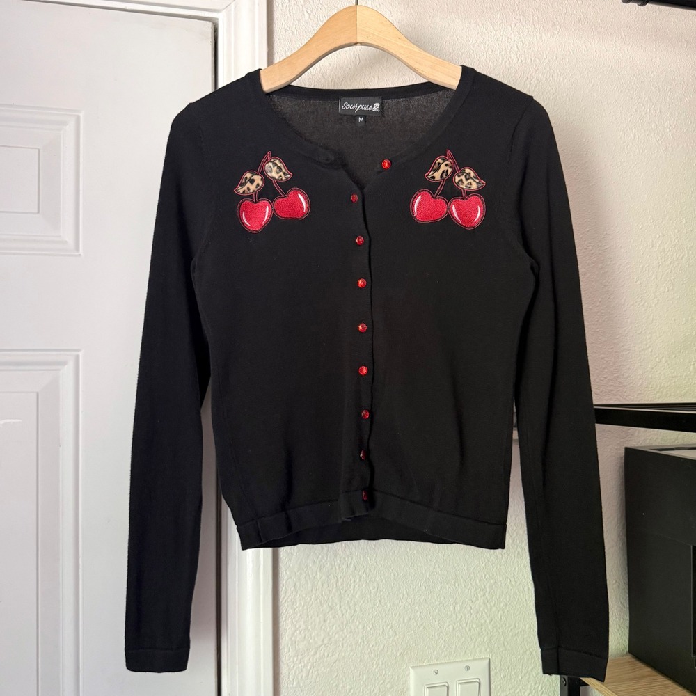 SOURPUSS black cherry fruit patch embroidery pinup long sleeve cardigan sweater